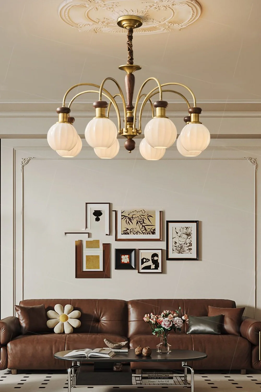 Brass Globe Walnut Chandelier - Image 3