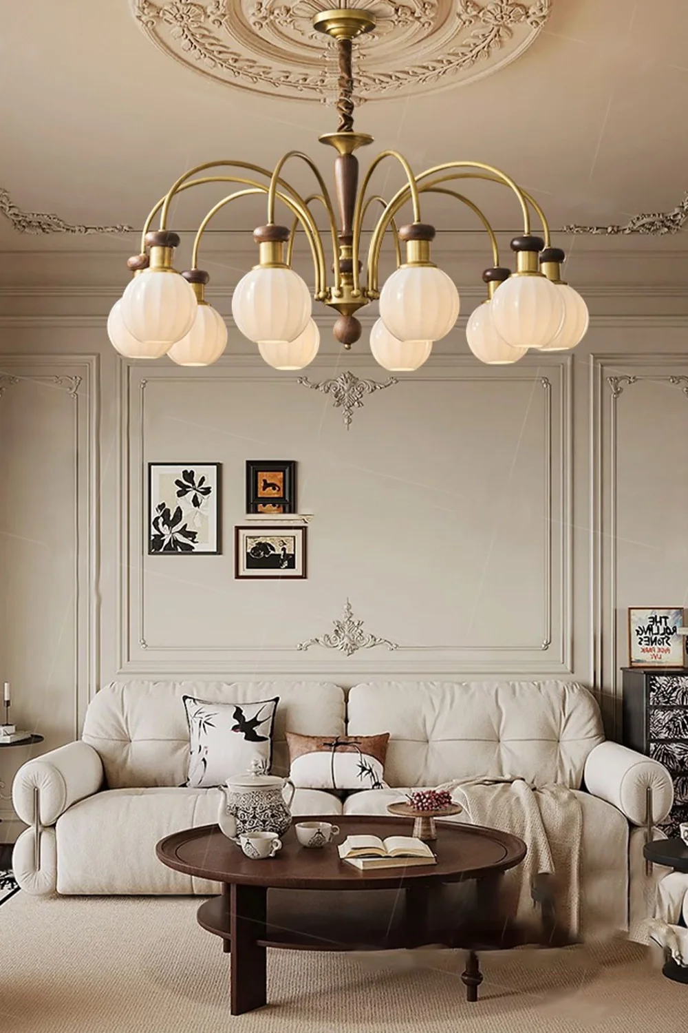 Brass Globe Walnut Chandelier - Image 4
