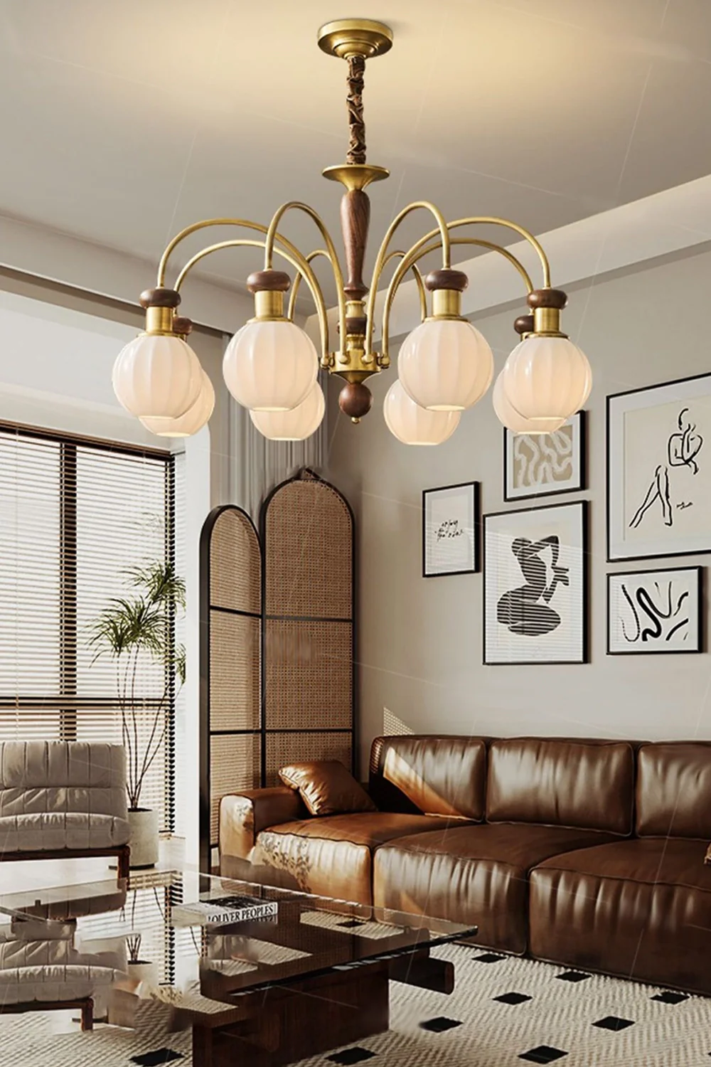 Brass Globe Walnut Chandelier - Image 5