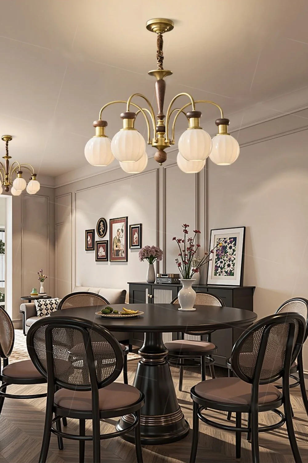 Brass Globe Walnut Chandelier - Image 6