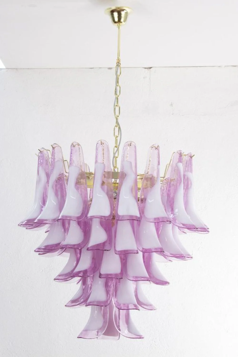 Fuchsia and White Art Glass Petal Tiered Chandelier - Image 3