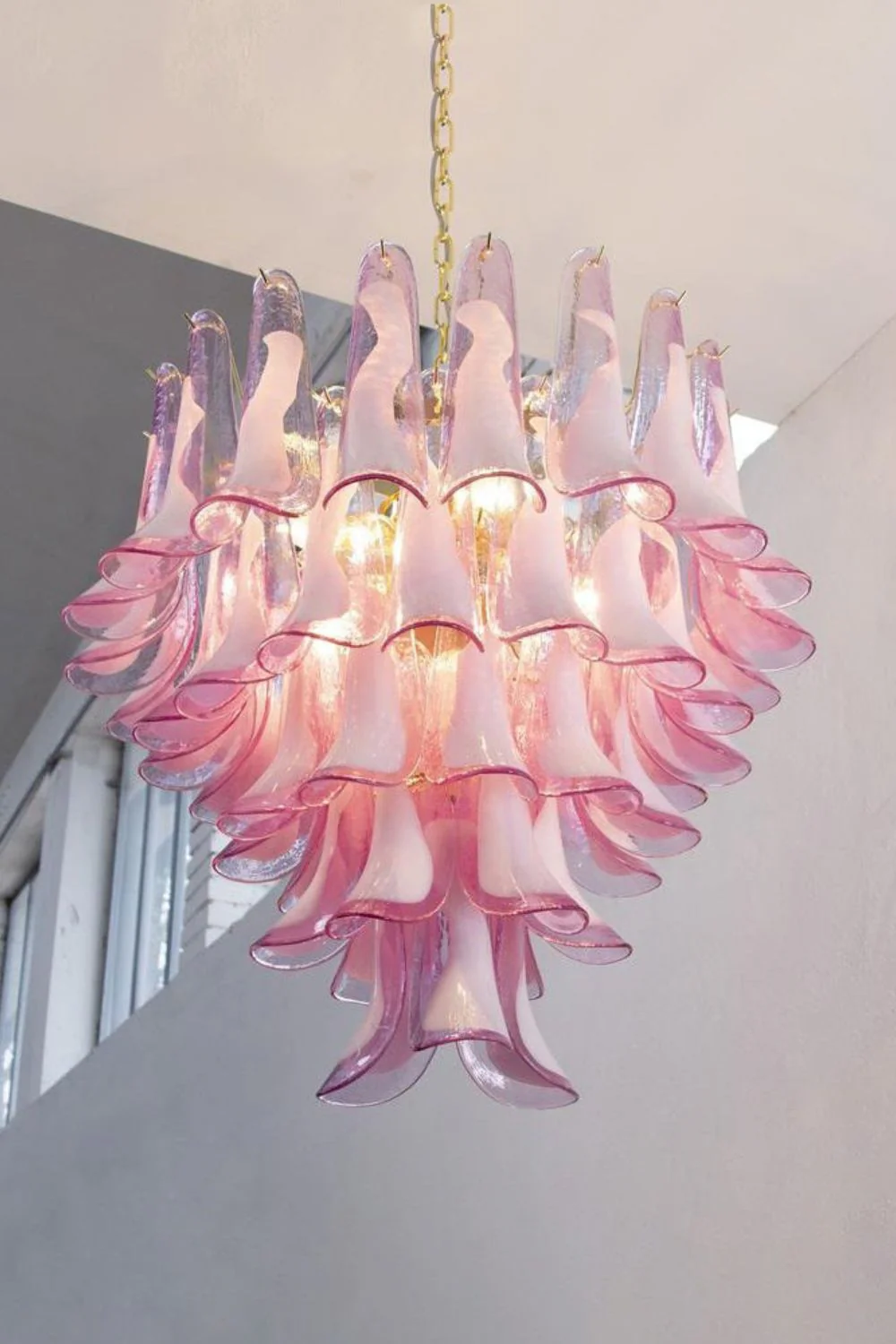 Fuchsia and White Art Glass Petal Tiered Chandelier - Image 4