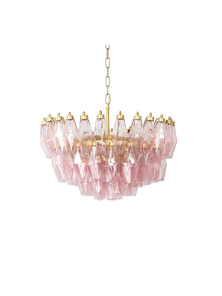 Pink Art Glass Polyhedron Tiered Chandelier