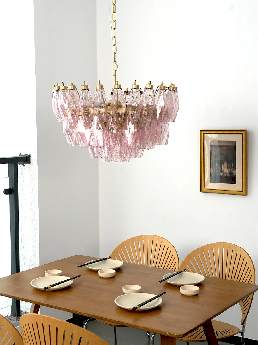 Pink Art Glass Polyhedron Tiered Chandelier - Image 10