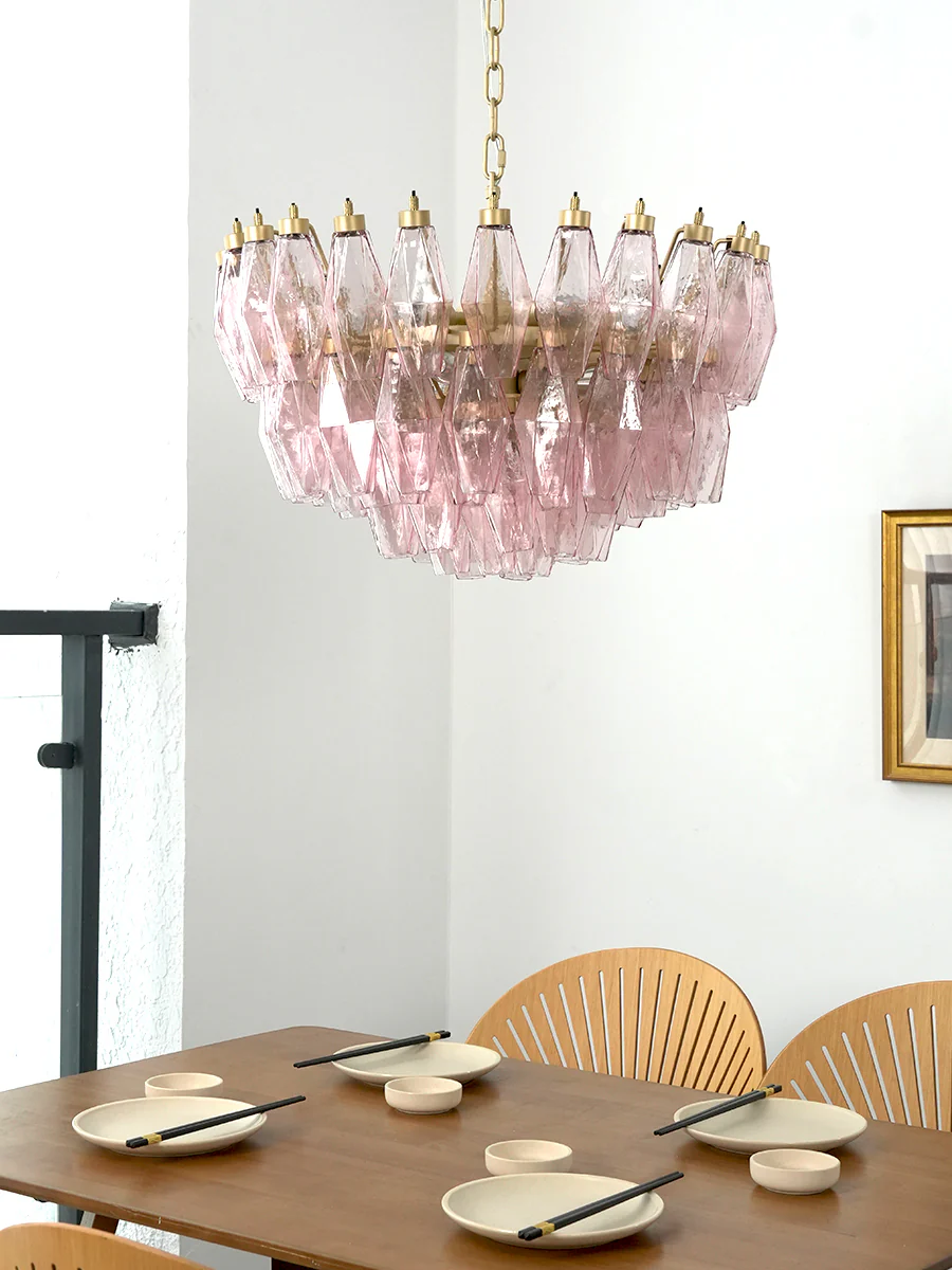 Pink Art Glass Polyhedron Tiered Chandelier - Image 11