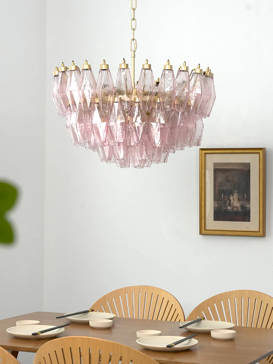 Pink Art Glass Polyhedron Tiered Chandelier - Image 12
