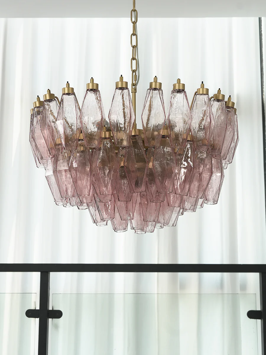 Pink Art Glass Polyhedron Tiered Chandelier - Image 13