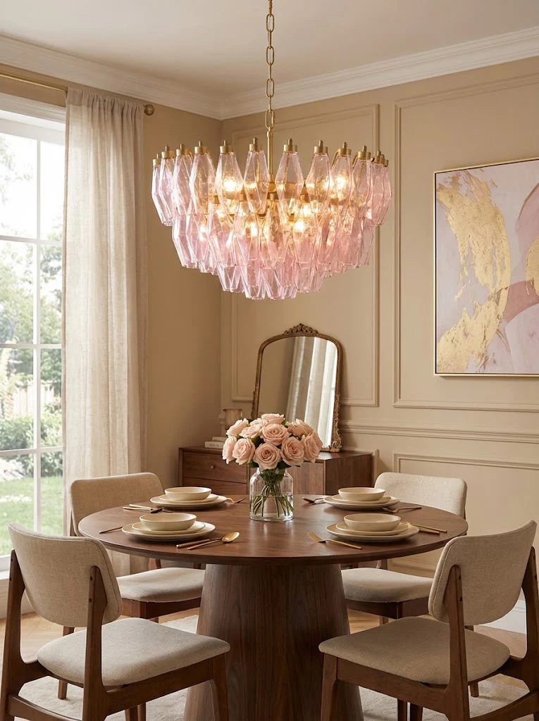 Pink Art Glass Polyhedron Tiered Chandelier - Image 2