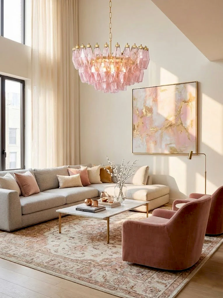 Pink Art Glass Polyhedron Tiered Chandelier - Image 4