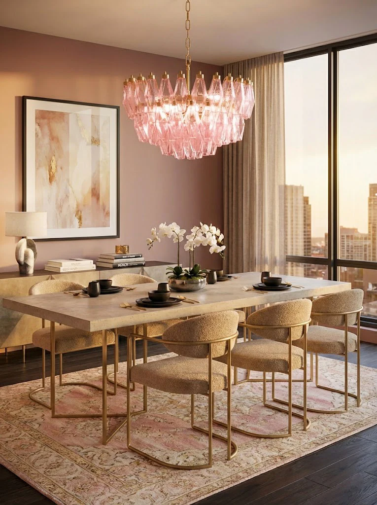 Pink Art Glass Polyhedron Tiered Chandelier - Image 5