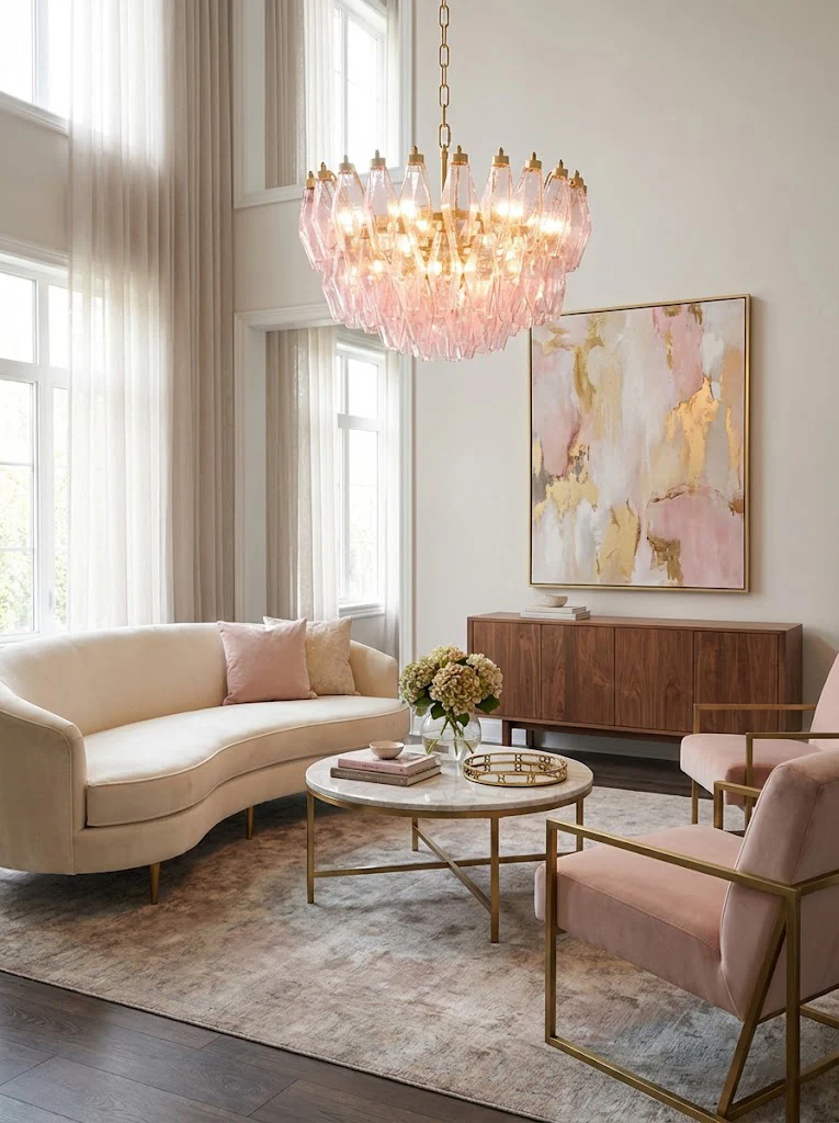 Pink Art Glass Polyhedron Tiered Chandelier - Image 6