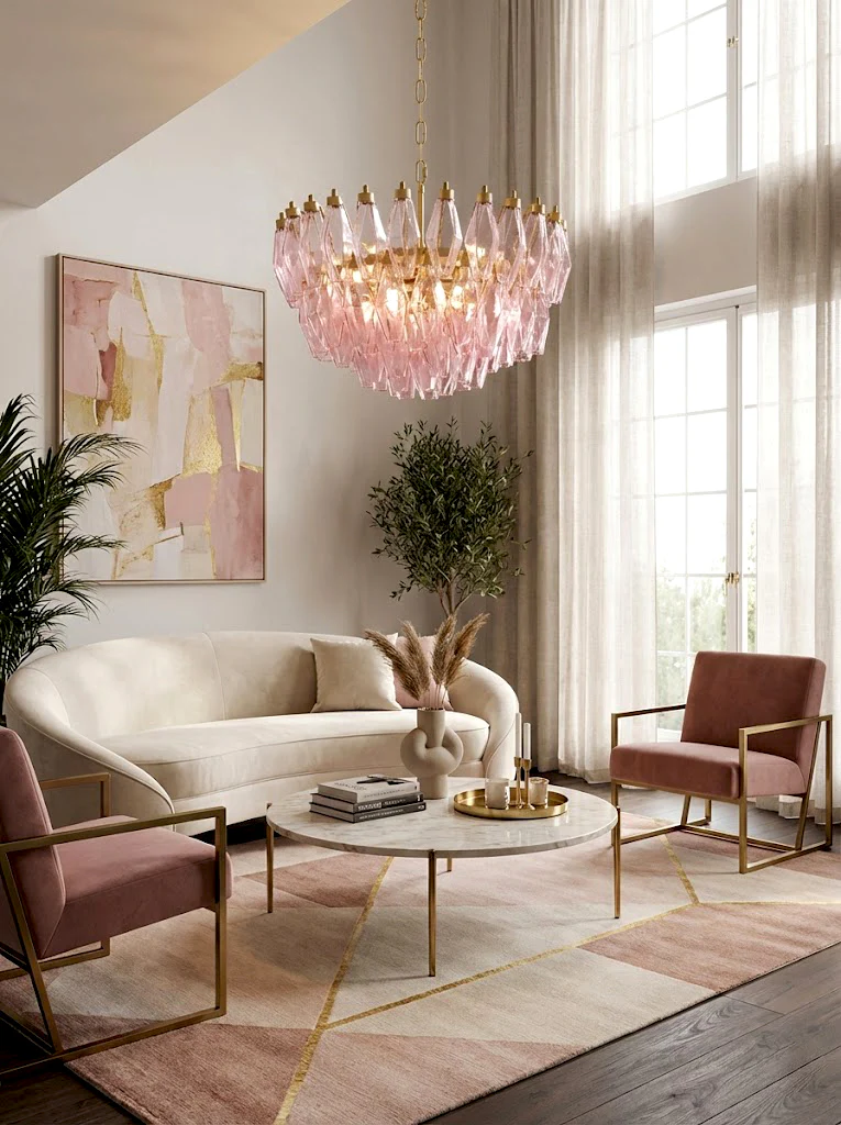 Pink Art Glass Polyhedron Tiered Chandelier - Image 8
