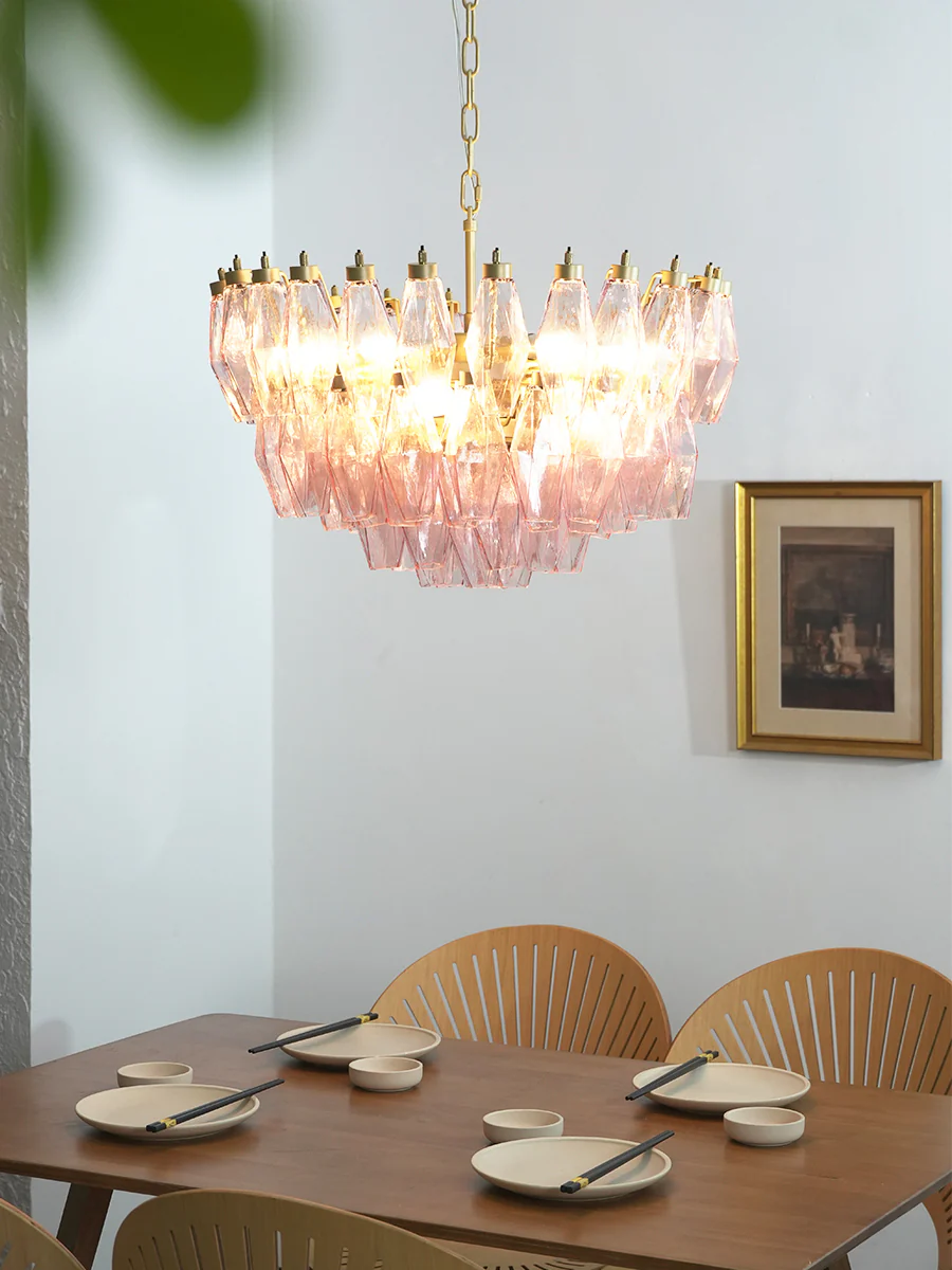 Pink Art Glass Polyhedron Tiered Chandelier - Image 9