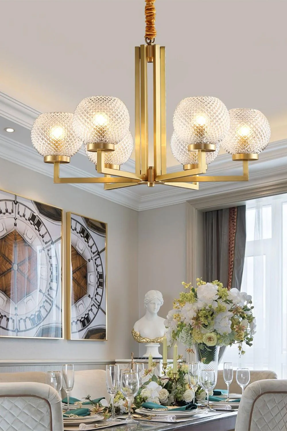 Ribbed Glass Brass Chandelier - Image 2