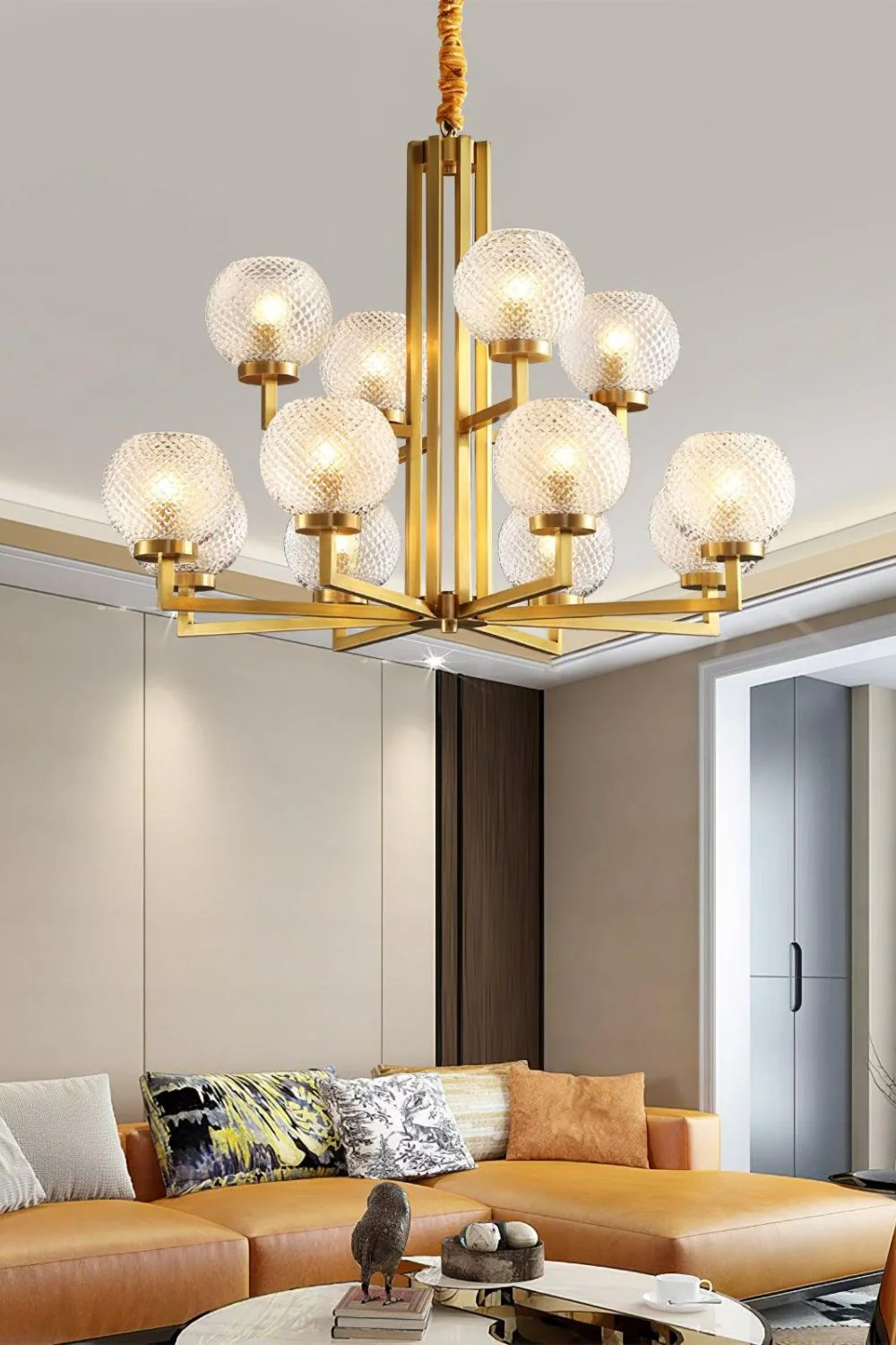 Ribbed Glass Brass Chandelier - Image 3