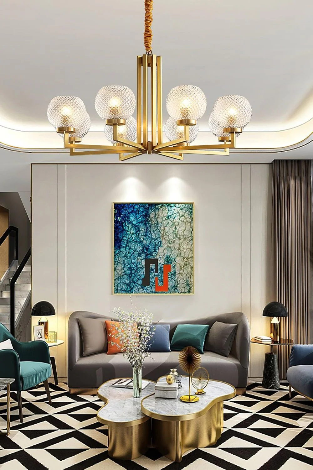 Ribbed Glass Brass Chandelier - Image 4