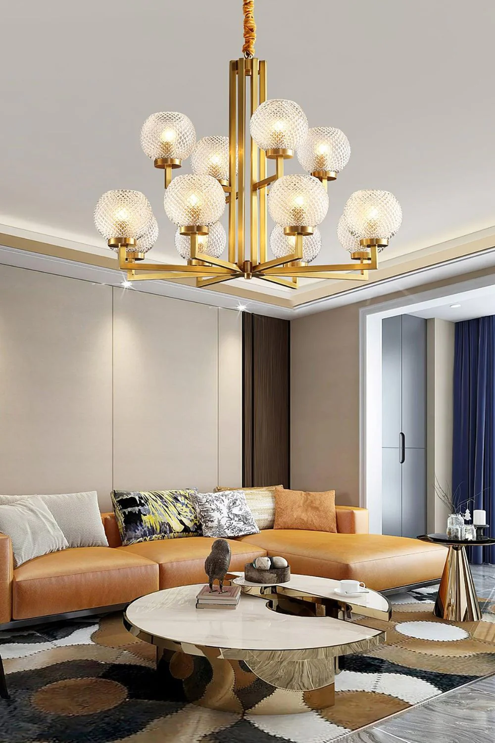 Ribbed Glass Brass Chandelier - Image 5