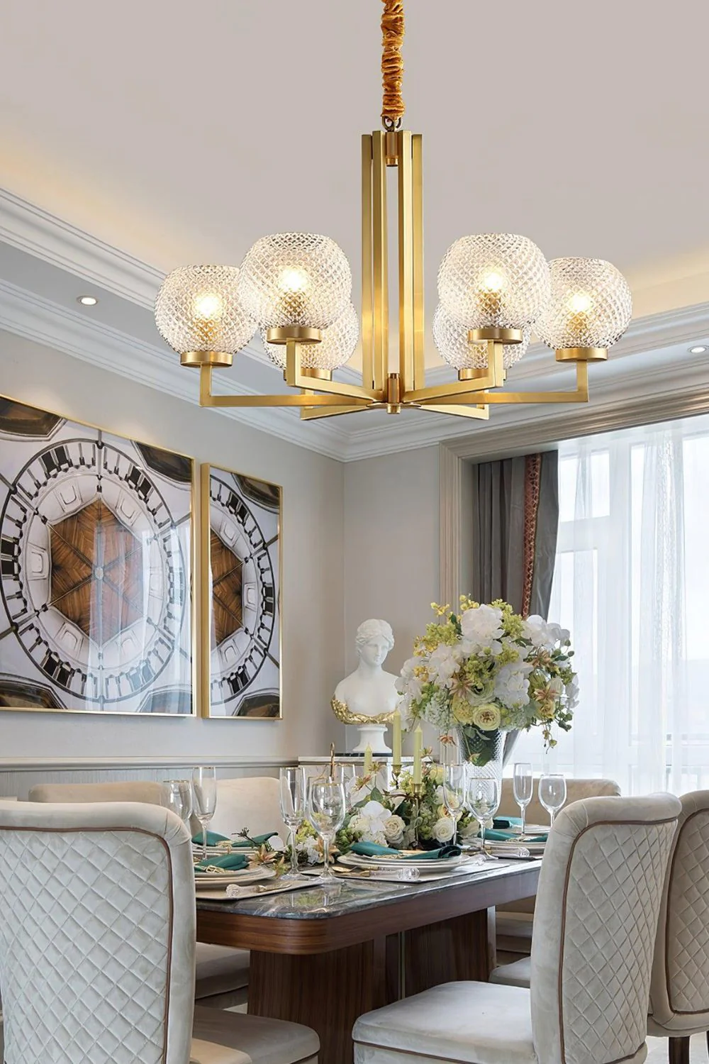 Ribbed Glass Brass Chandelier - Image 6