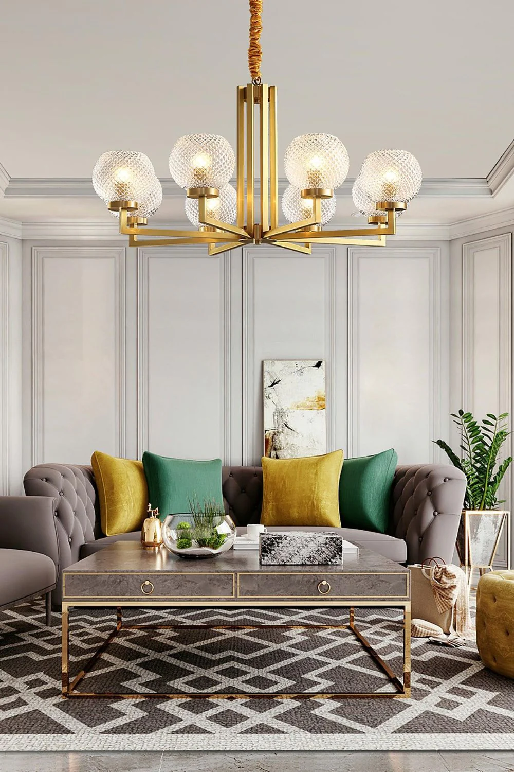 Ribbed Glass Brass Chandelier - Image 7