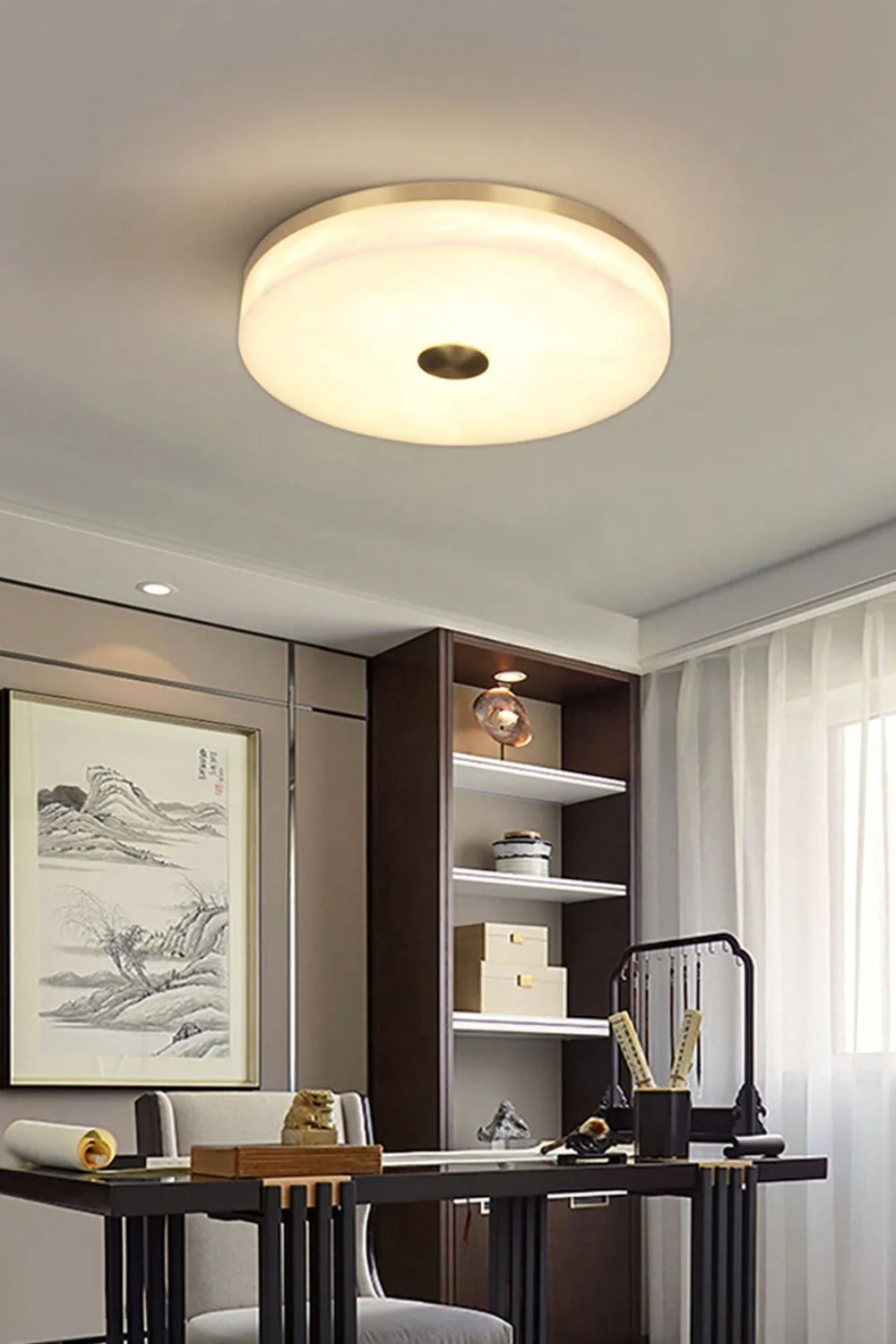 Round Alabaster Brass Ceiling Light - Image 3