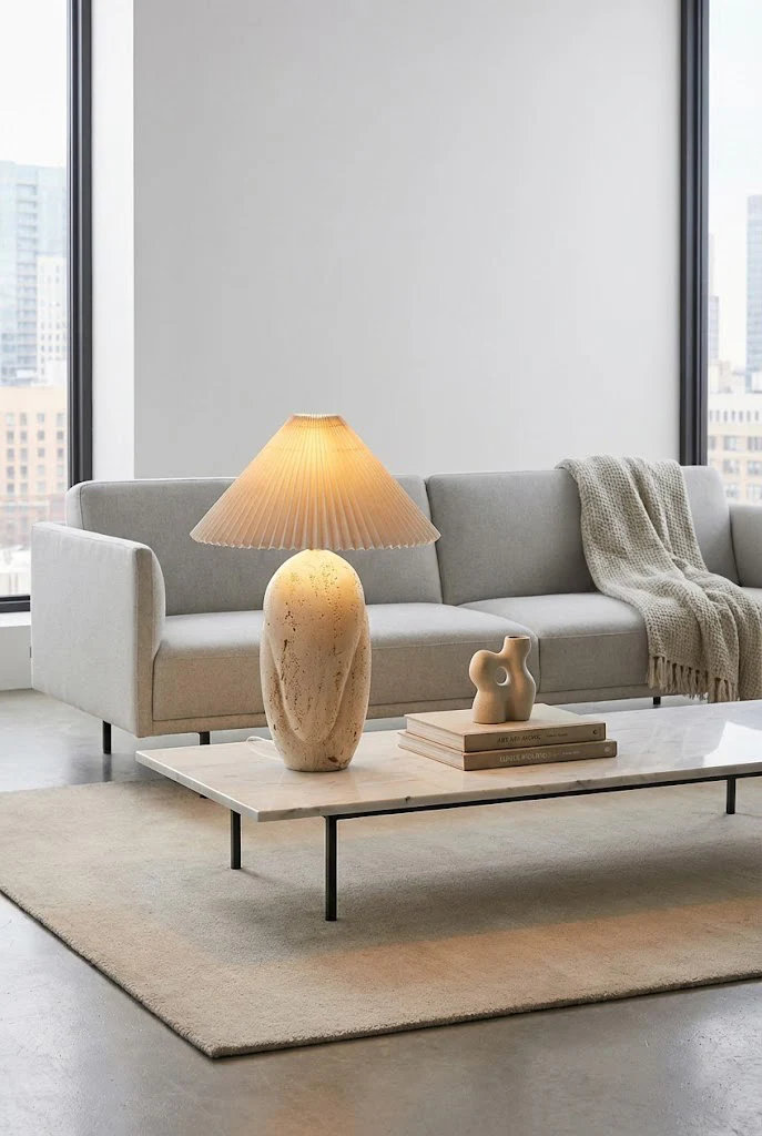 Travertine Table Lamp with Pleated Shade - Image 11