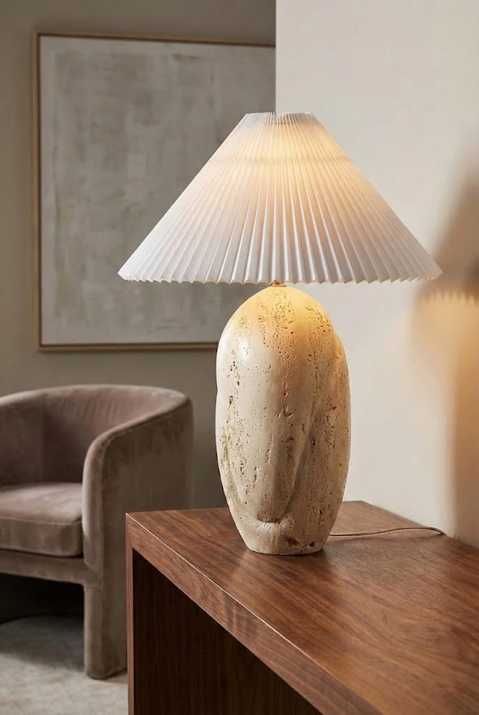 Travertine Table Lamp with Pleated Shade - Image 14