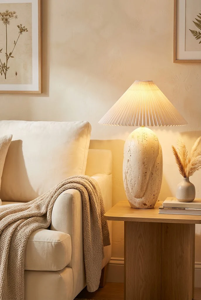 Travertine Table Lamp with Pleated Shade - Image 2
