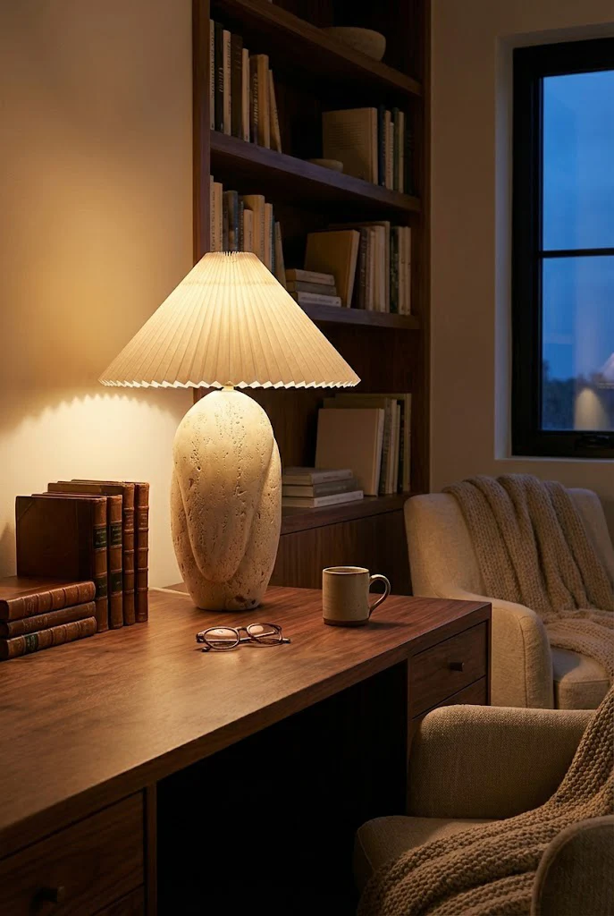 Travertine Table Lamp with Pleated Shade - Image 3