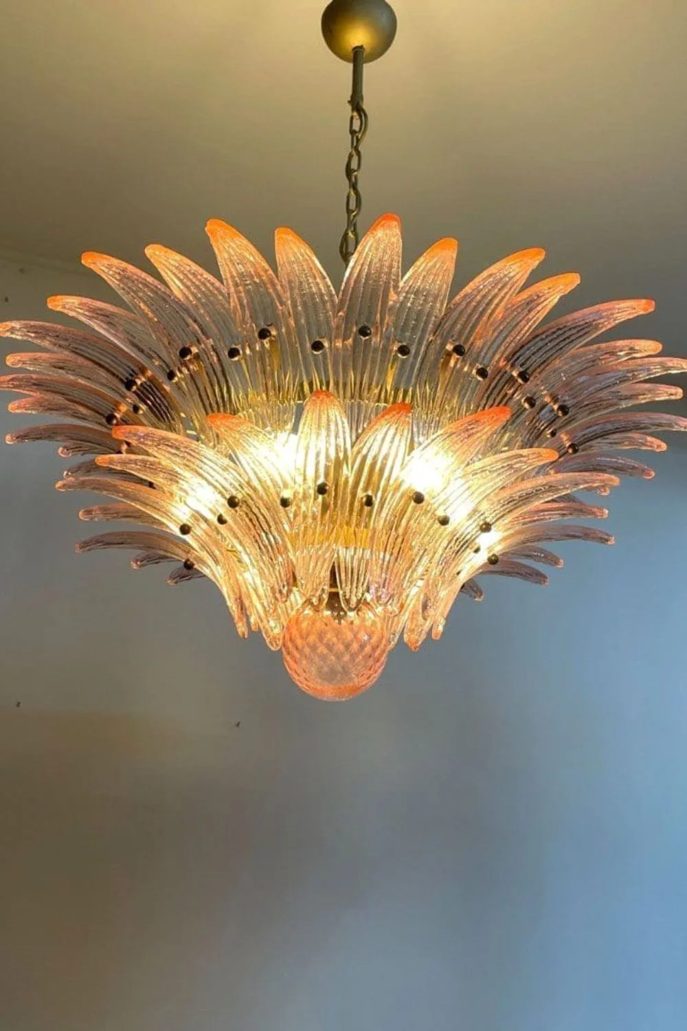 Vintage Art Pink Palm Leaf Glass Chandelier - Image 5